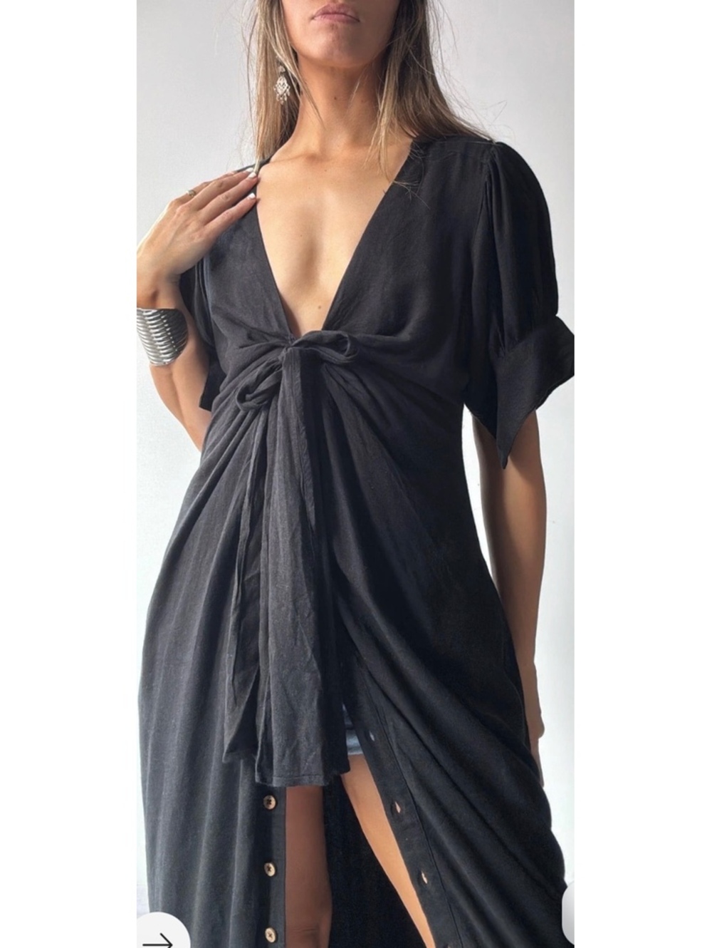 FREE PEOPLE MAXI SHIRTDRESS PLUNG NECK BUTTON FRONT AND SHORT SLEEVES